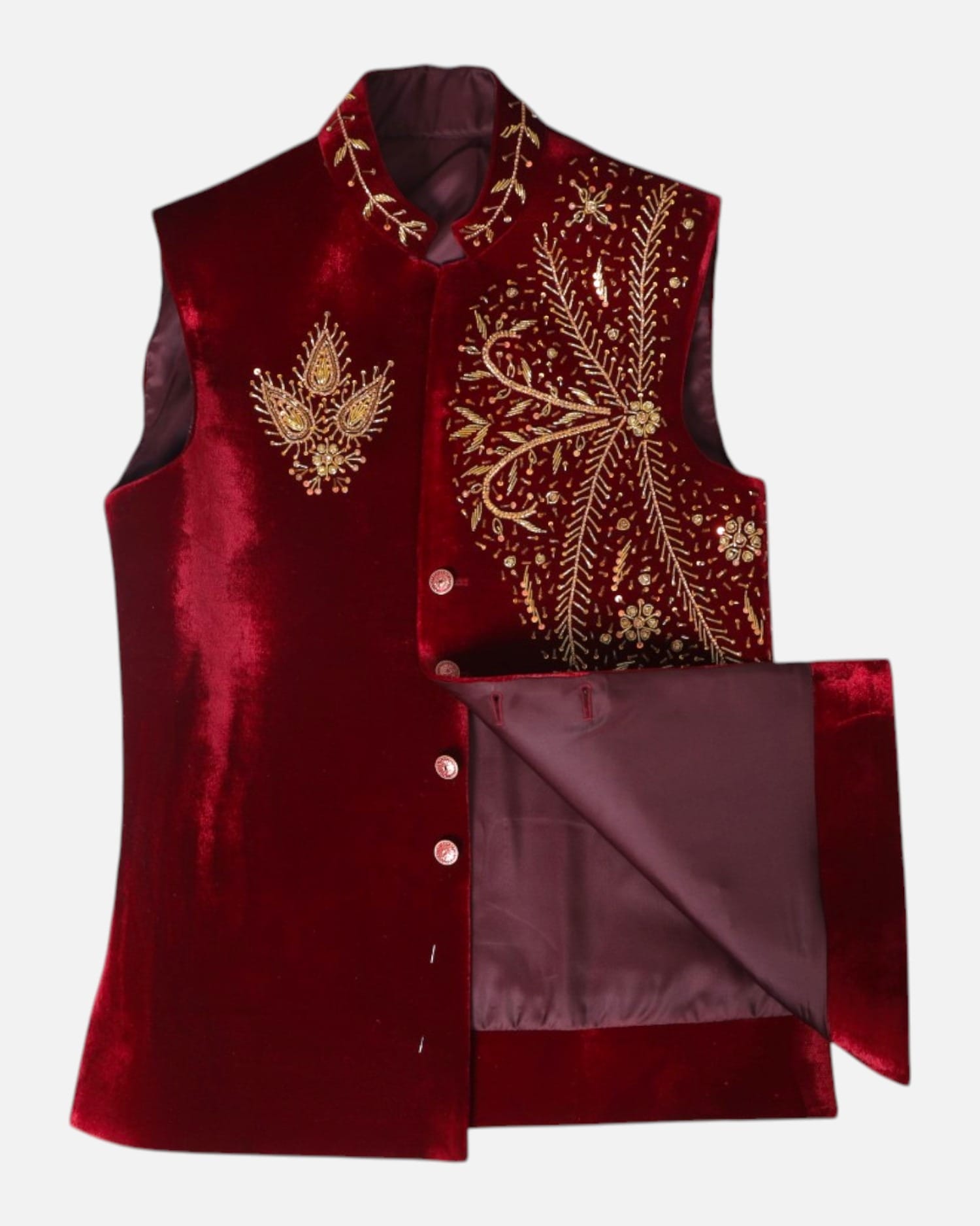 Men Waistcoat Gold Embroidery Deep Red Velvet