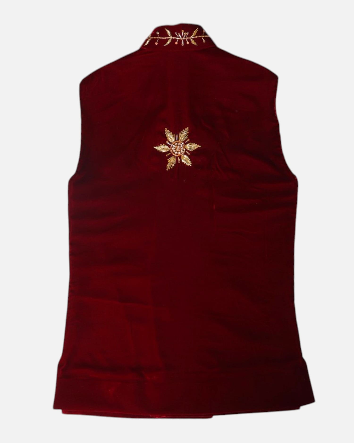 Men Waistcoat Gold Embroidery Deep Red Velvet