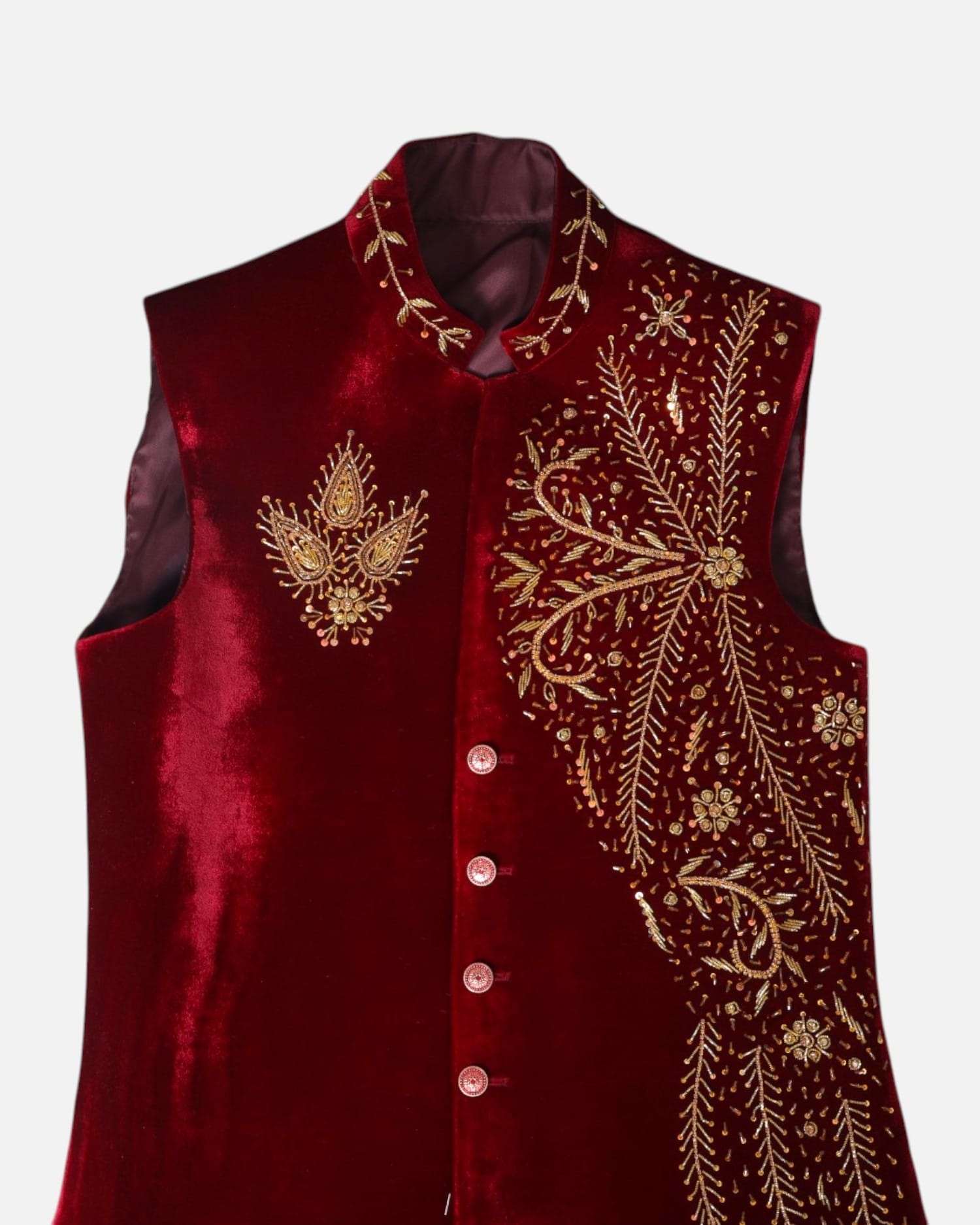 Men Waistcoat Gold Embroidery Deep Red Velvet