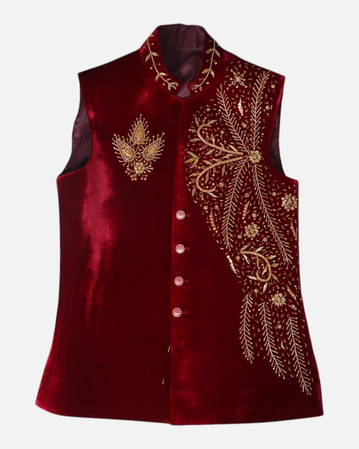 Men Waistcoat Gold Embroidery Deep Red Velvet