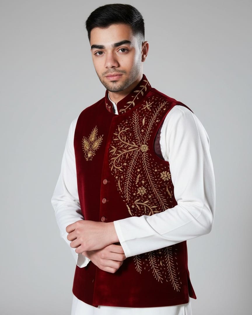 Men Waistcoat Gold Embroidery Deep Red Velvet