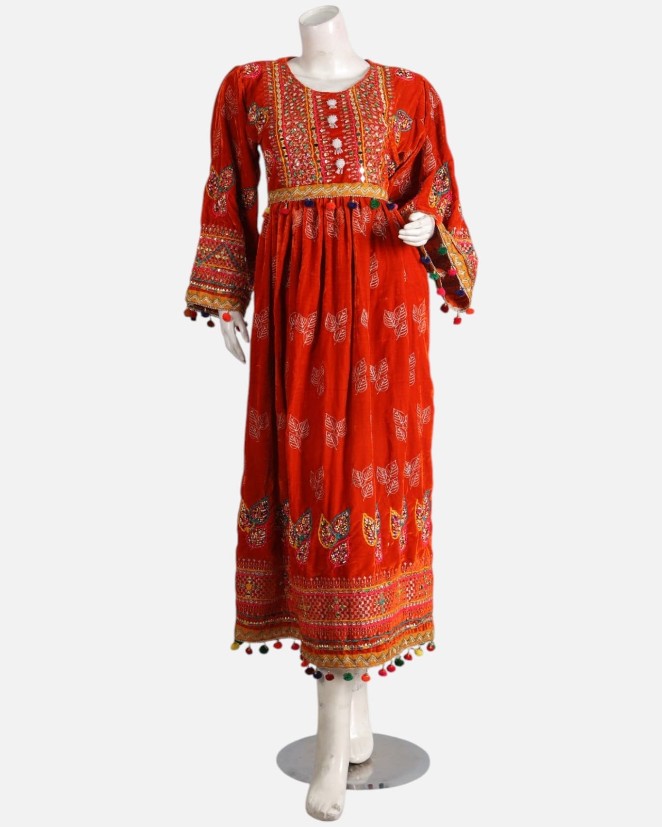Red Velvet Afghan Maxi Dress with Handmade Embroidery