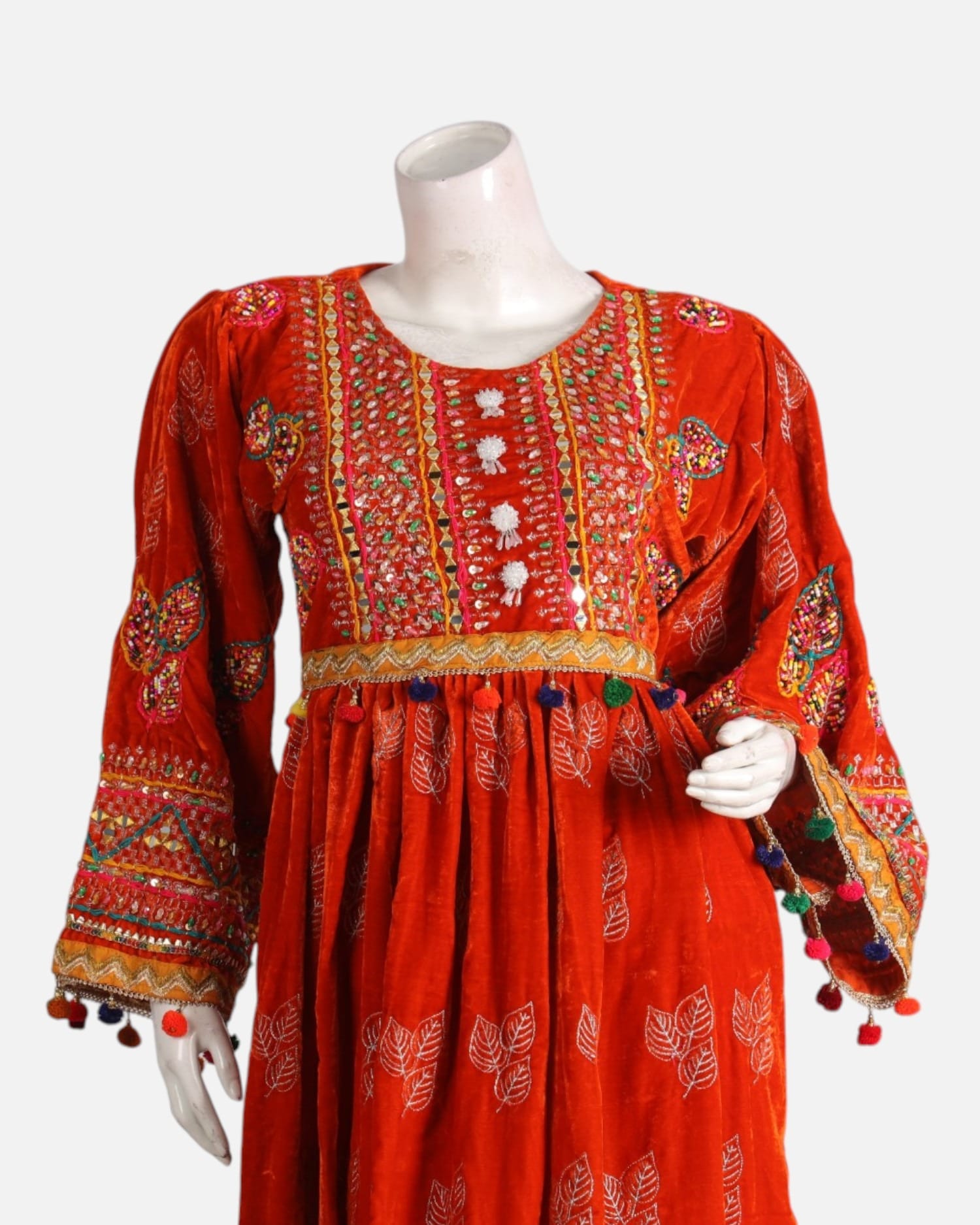 Red Velvet Afghan Maxi Dress with Handmade Embroidery