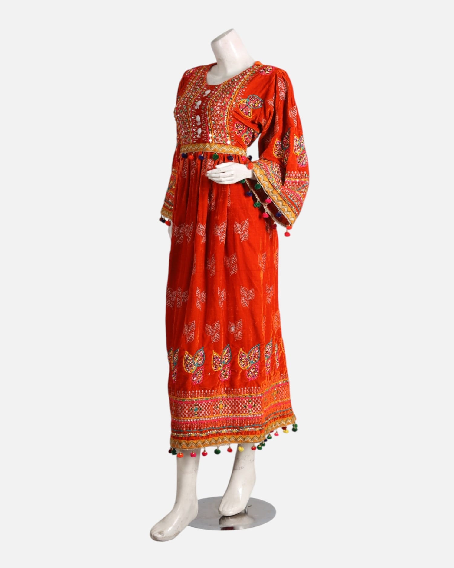 Red Velvet Afghan Maxi Dress with Handmade Embroidery