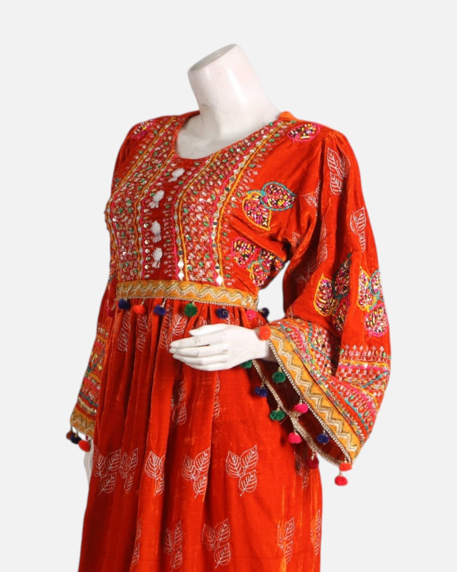 Red Velvet Afghan Maxi Dress with Handmade Embroidery