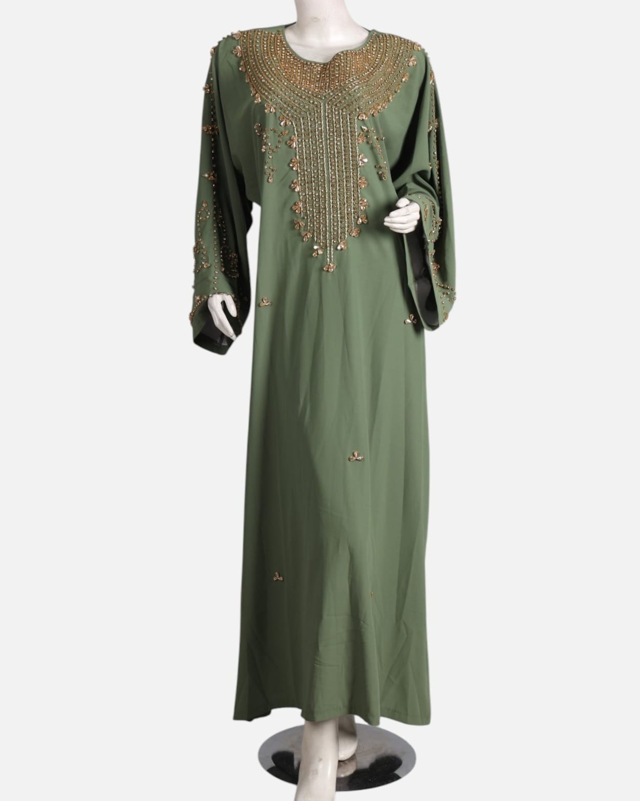 Olive Green Formal Crepe Dress – Handmade Beaded Maxi Gown