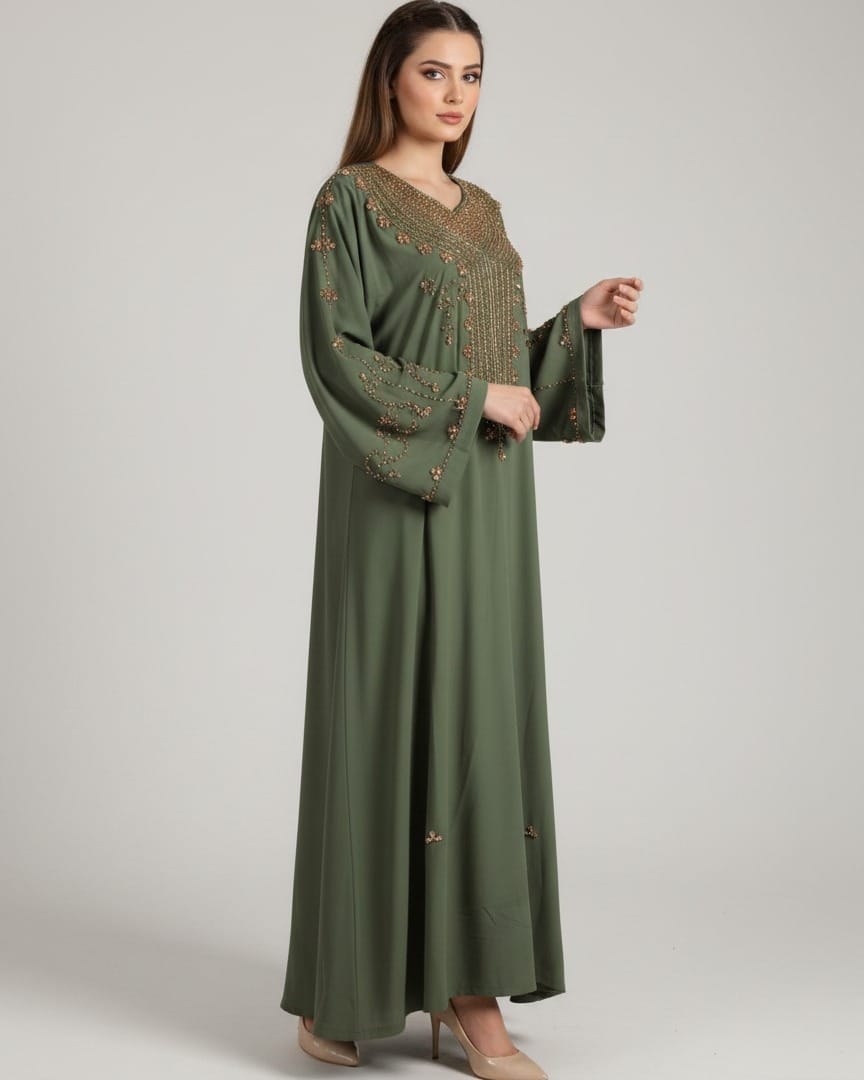 Olive Green Formal Crepe Dress – Handmade Beaded Maxi Gown