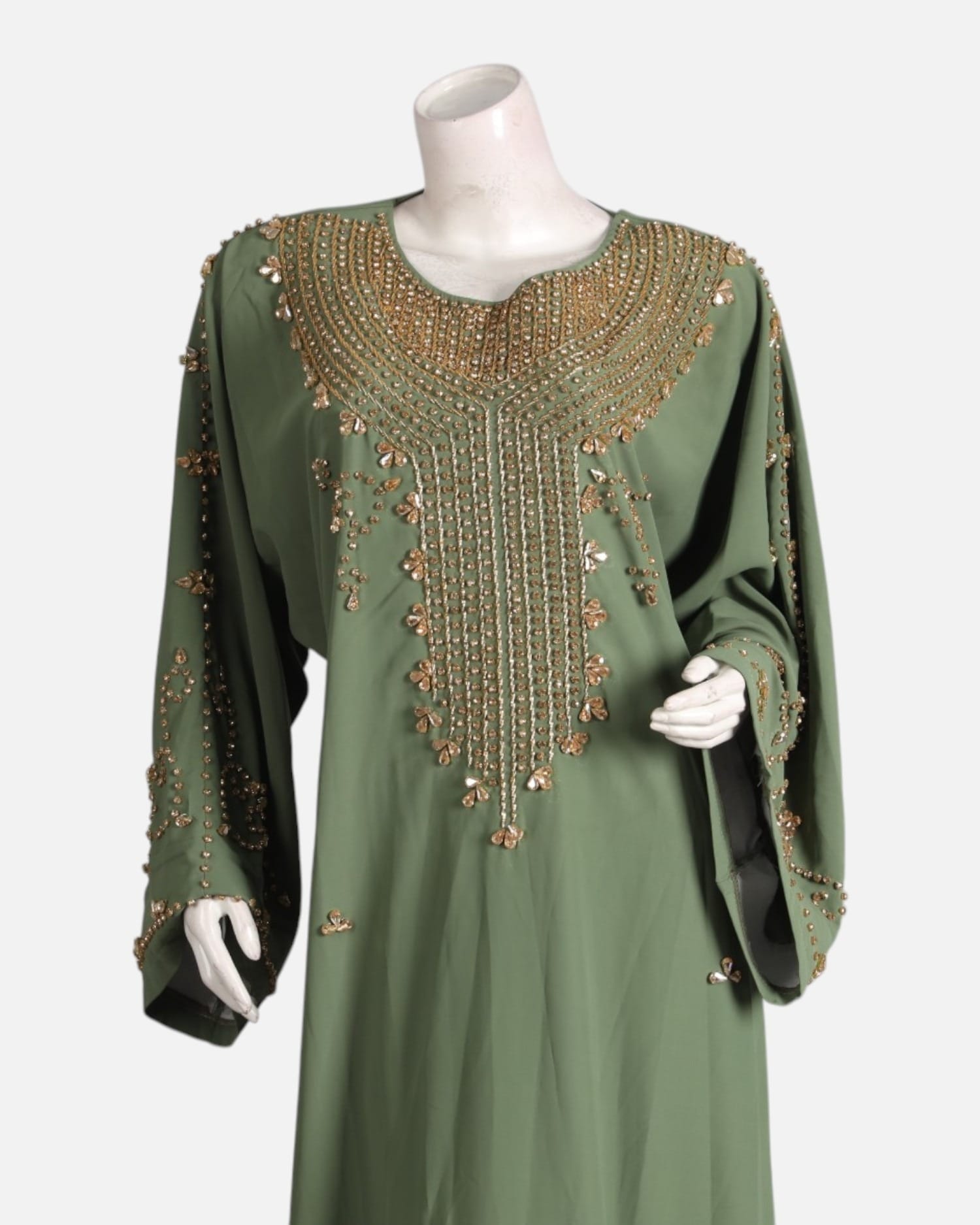 Olive Green Formal Crepe Dress – Handmade Beaded Maxi Gown