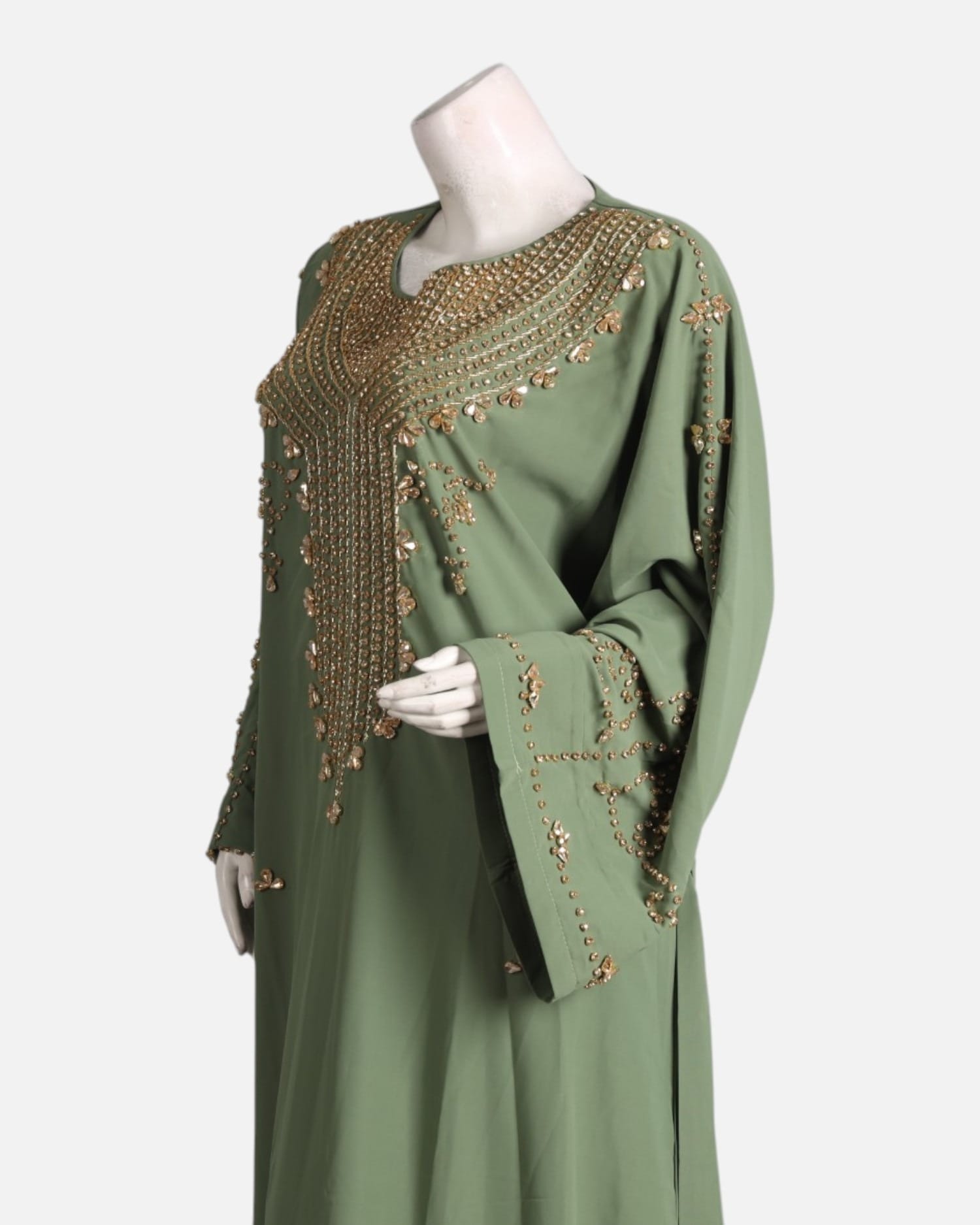 Olive Green Formal Crepe Dress – Handmade Beaded Maxi Gown