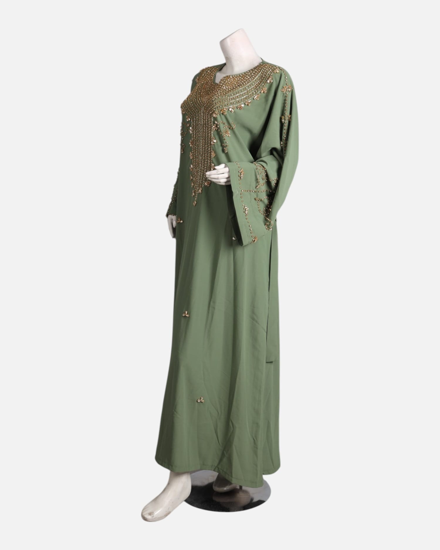 Olive Green Formal Crepe Dress – Handmade Beaded Maxi Gown
