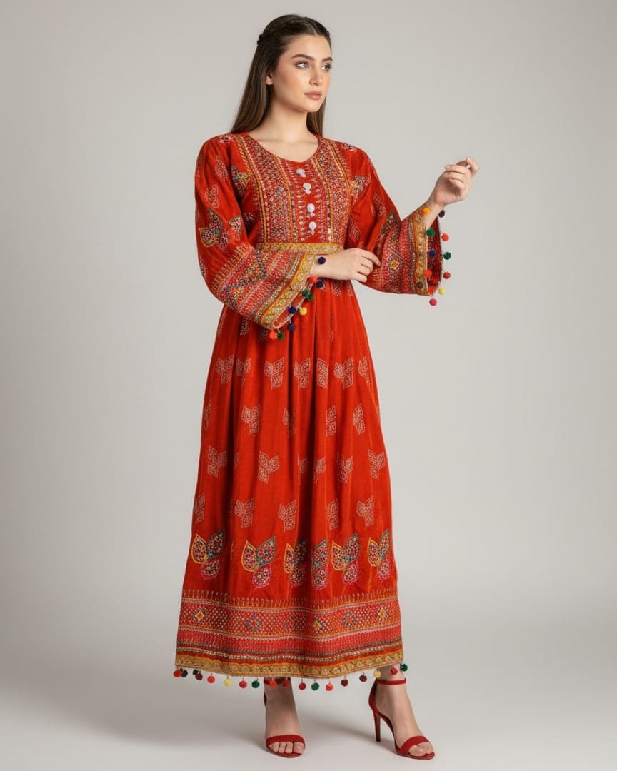 Red Velvet Afghan Maxi Dress with Handmade Embroidery