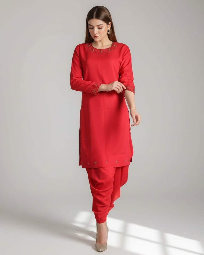 Bright Red Crepe Punjabi Set – Handmade Women’s Traditional Outfit
