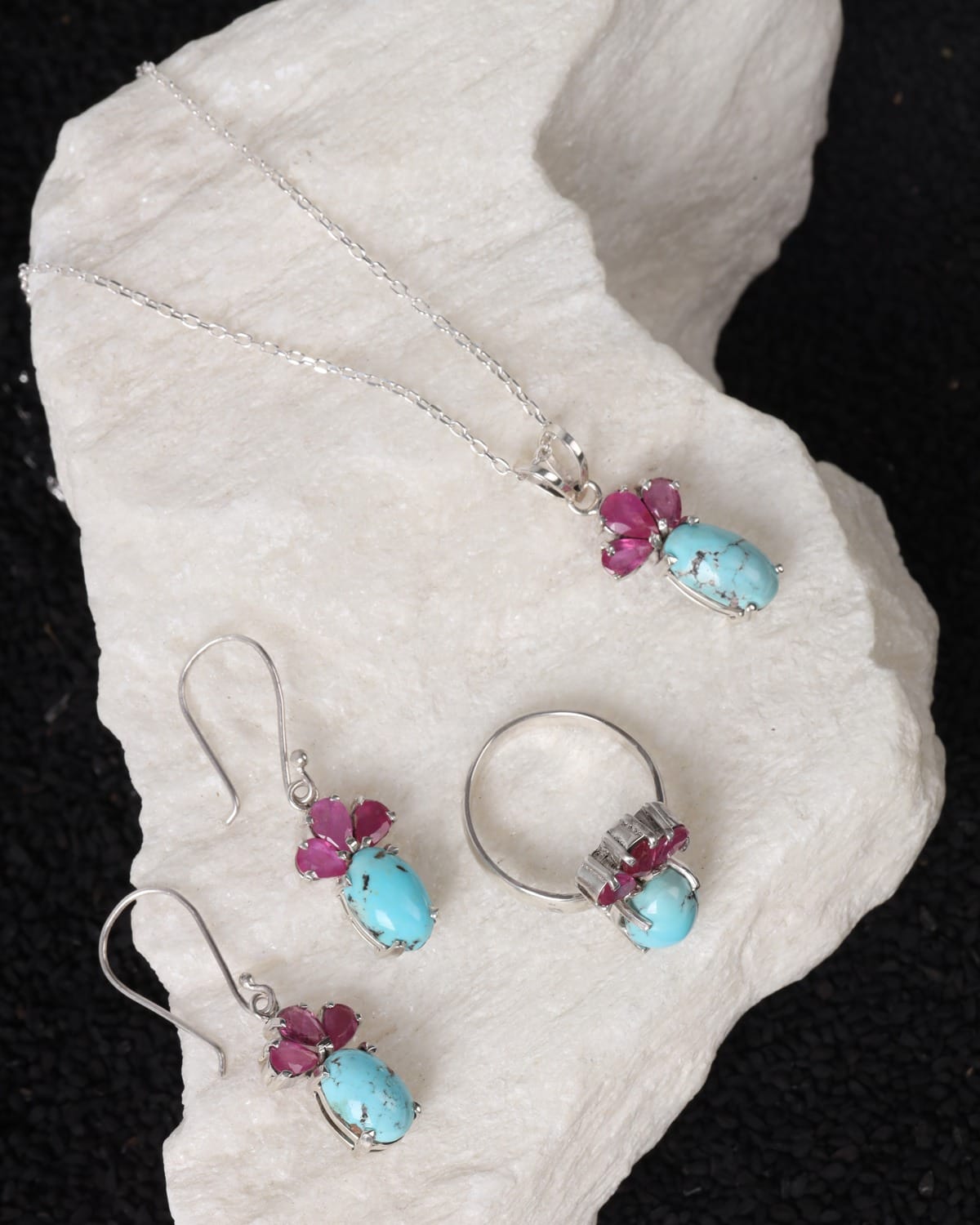 Sky Blue Turquoise & Ruby Sterling Silver Jewelry Set
