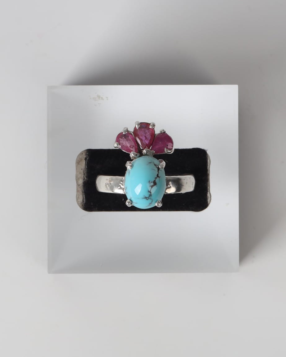 Sky Blue Turquoise & Ruby Sterling Silver Jewelry Set