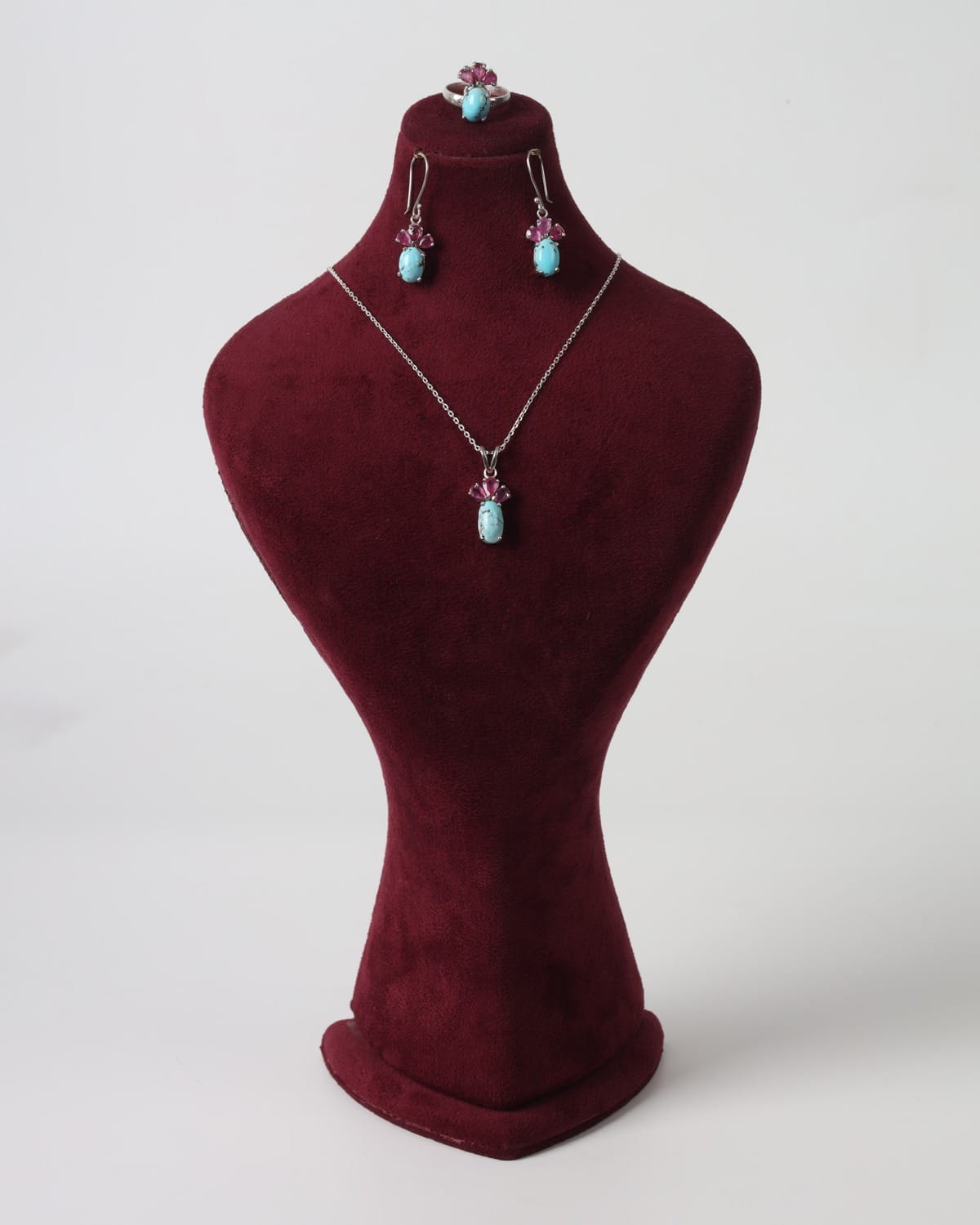 Sky Blue Turquoise & Ruby Sterling Silver Jewelry Set