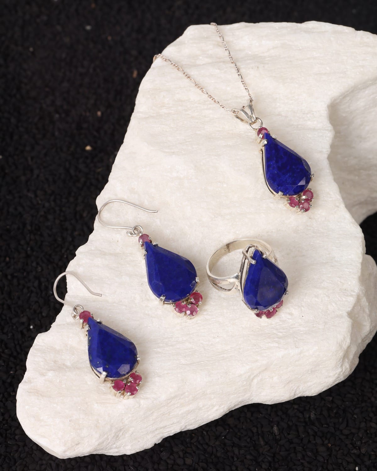 Royal Blue Lapis Lazuli & Ruby 925 Sterling Silver Set
