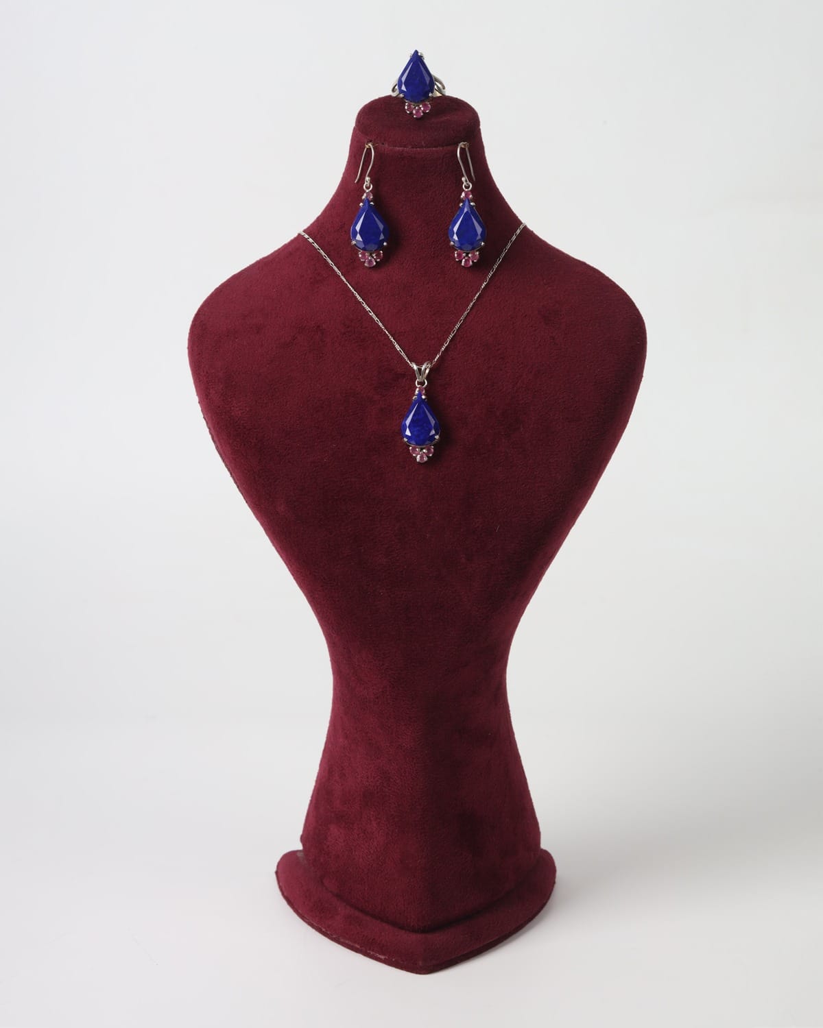 Royal Blue Lapis Lazuli & Ruby 925 Sterling Silver Set