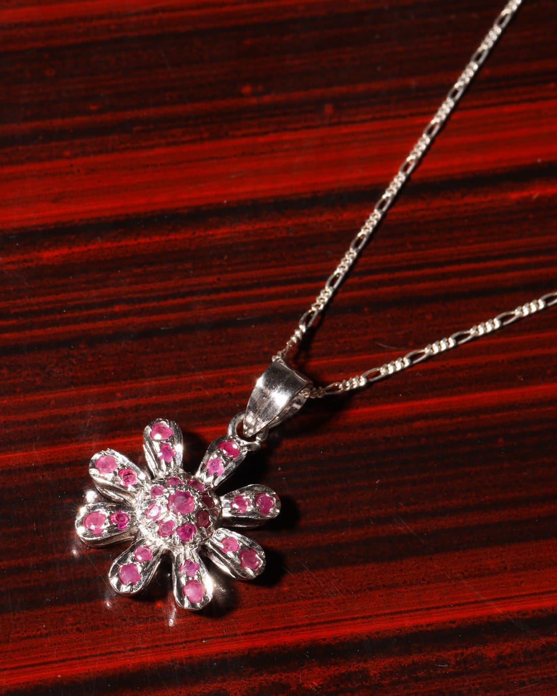 Crimson Red Ruby Flower Necklace