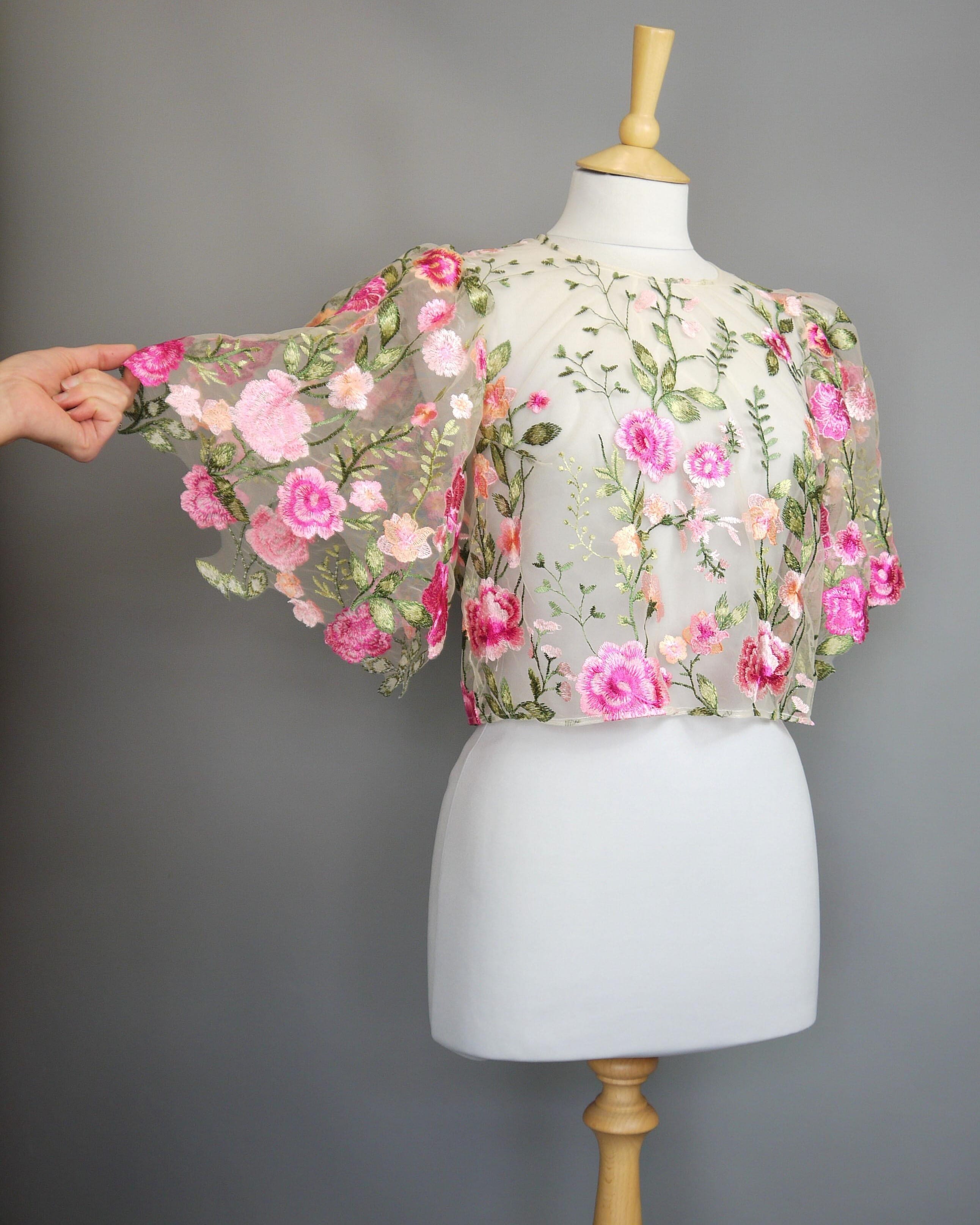 Boxy Top in Cerise Dahlia Floral Lace with Large Flutter Sleeves