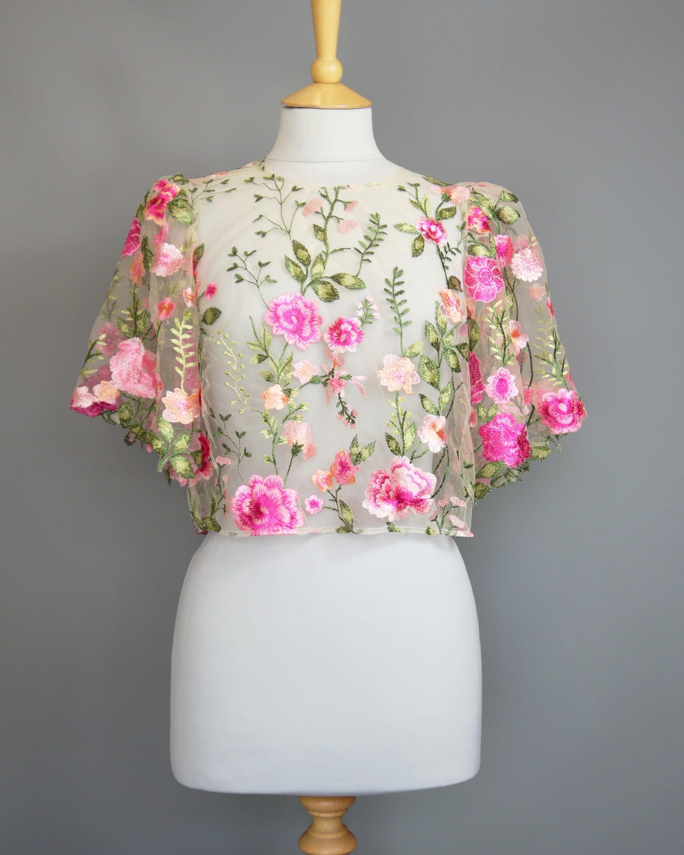 Boxy Top in Cerise Dahlia Floral Lace with Large Flutter Sleeves