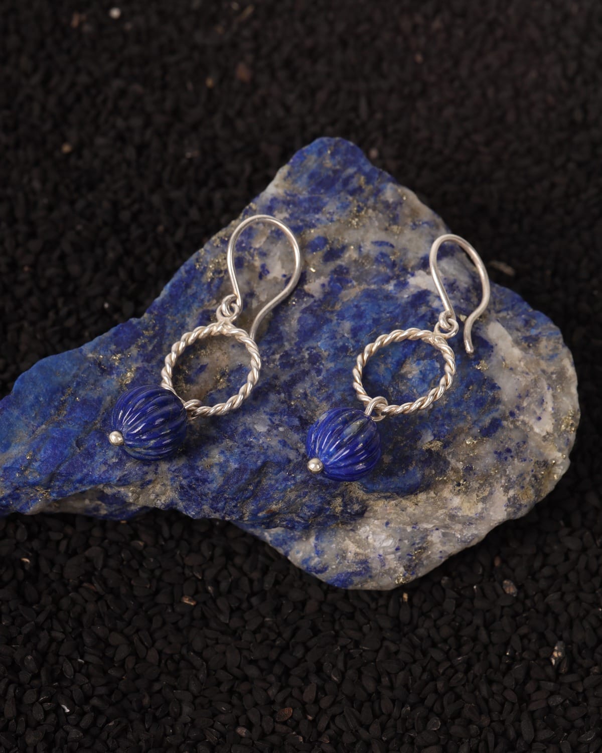 Lapis Lazuli Drop Earrings with Twisted Silver Hoop