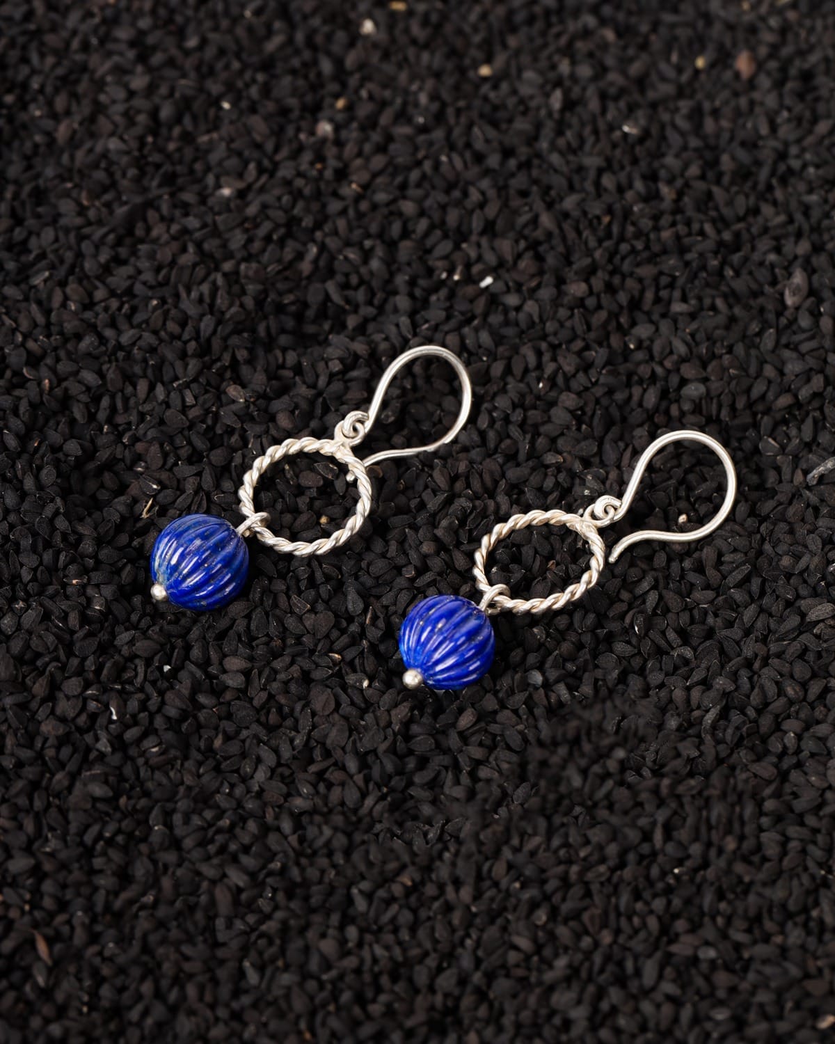 Lapis Lazuli Drop Earrings with Twisted Silver Hoop