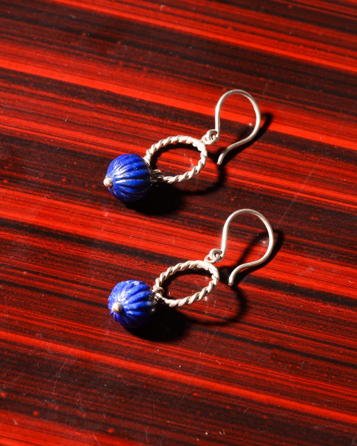 Lapis Lazuli Drop Earrings with Twisted Silver Hoop