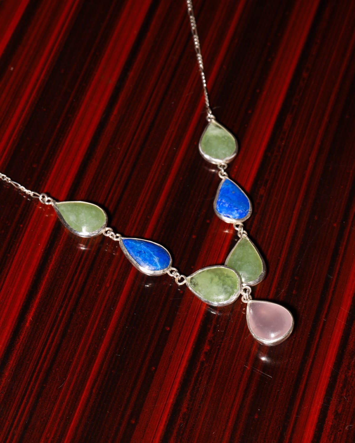 Multi Stone Pendant Necklace – Lapis, Pink Quartz & Shah Maqsud – Sterling Silver 925