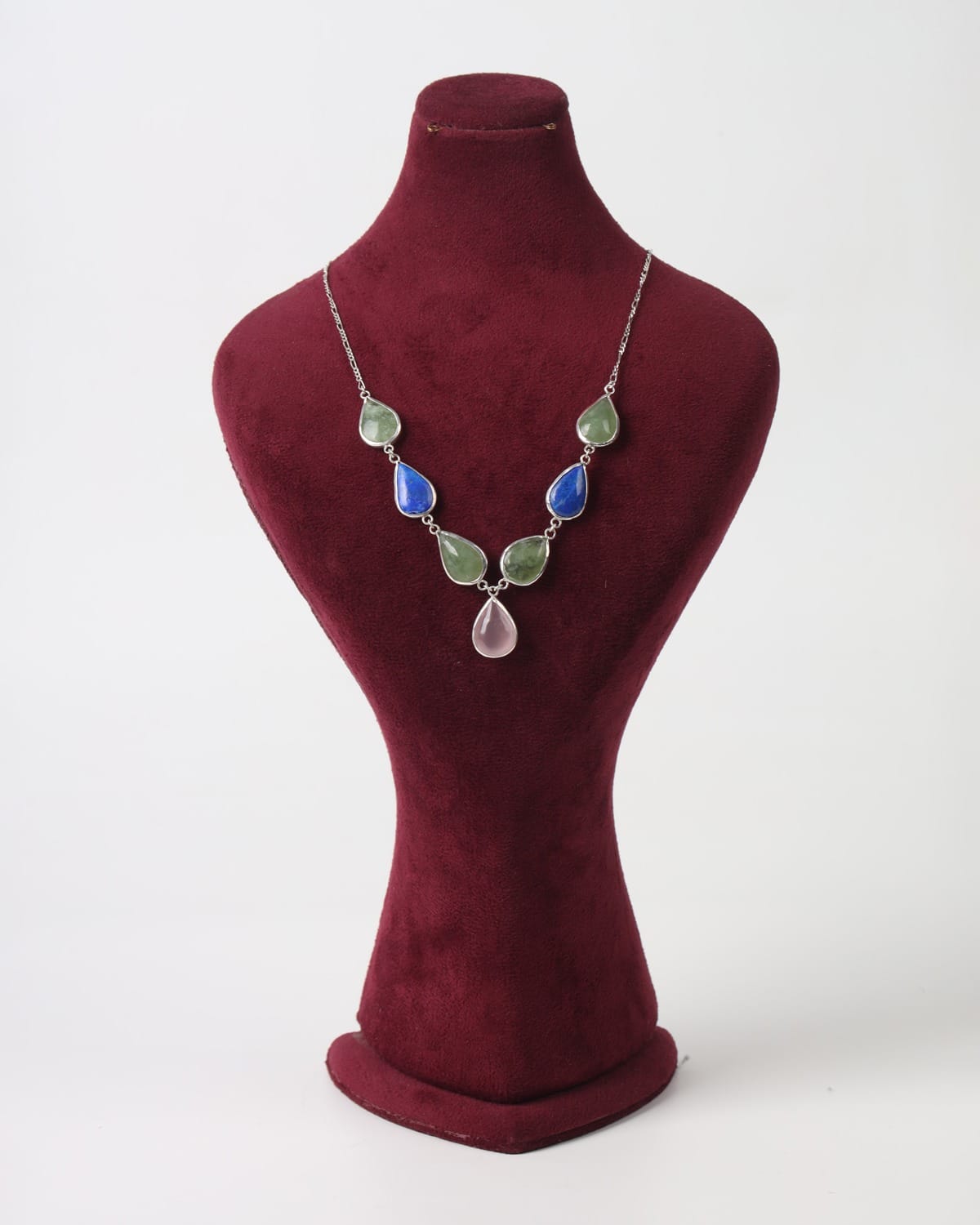 Multi Stone Pendant Necklace – Lapis, Pink Quartz & Shah Maqsud – Sterling Silver 925