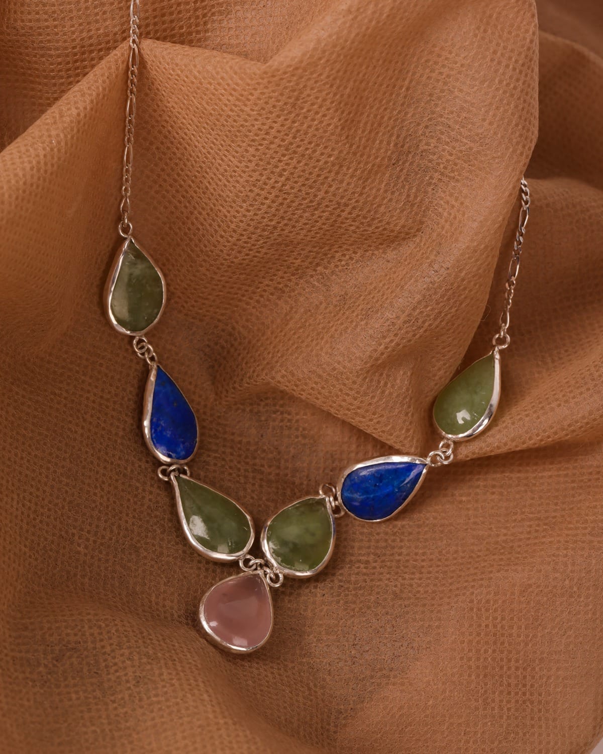 Multi Stone Pendant Necklace – Lapis, Pink Quartz & Shah Maqsud – Sterling Silver 925