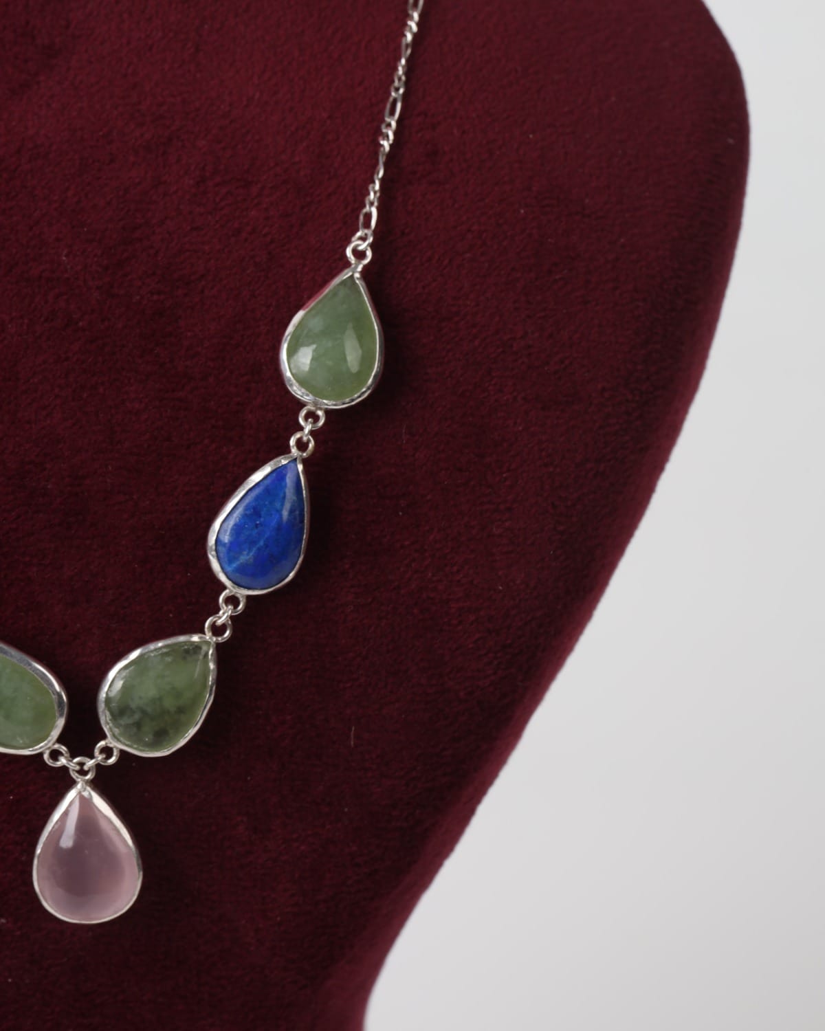Multi Stone Pendant Necklace – Lapis, Pink Quartz & Shah Maqsud – Sterling Silver 925