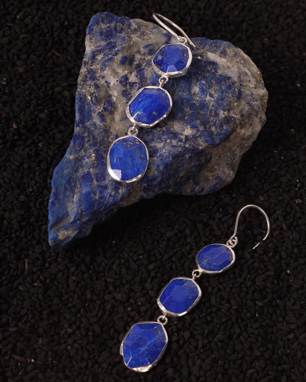Blue Badakhshan Triple Drop Lapis Lazuli Earrings