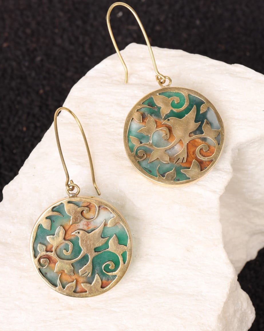 Bird Design Earrings – Green Marble – Gold Plated Brass