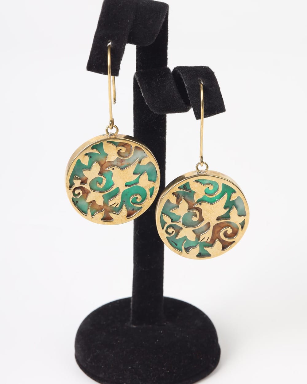 Bird Design Earrings – Green Marble – Gold Plated Brass