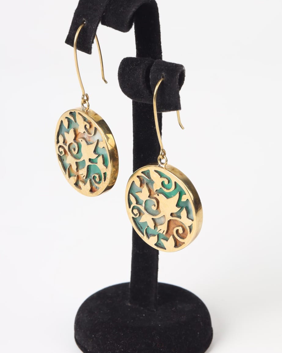 Bird Design Earrings – Green Marble – Gold Plated Brass
