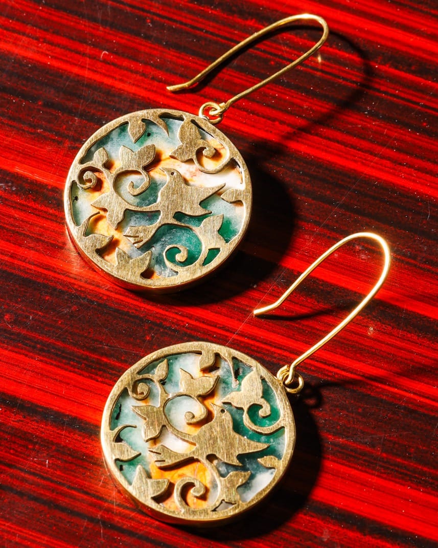Bird Design Earrings – Green Marble – Gold Plated Brass