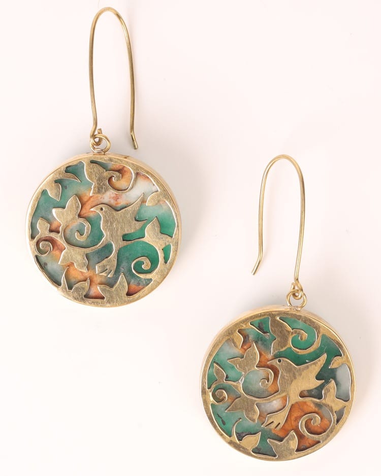 Bird Design Earrings – Green Marble – Gold Plated Brass