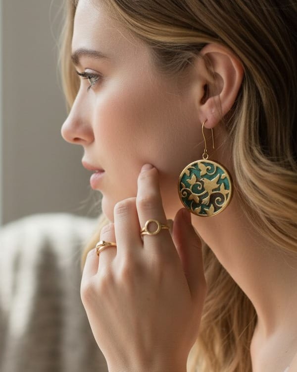 Bird Design Earrings – Green Marble – Gold Plated Brass