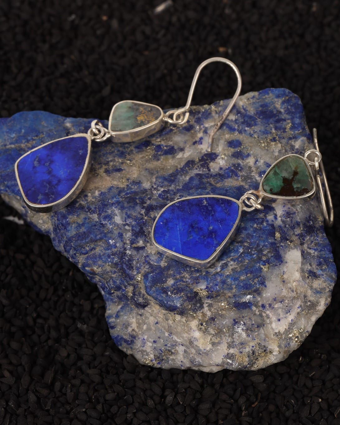 Blue & Green Irregular Stone Silver Drop Earrings