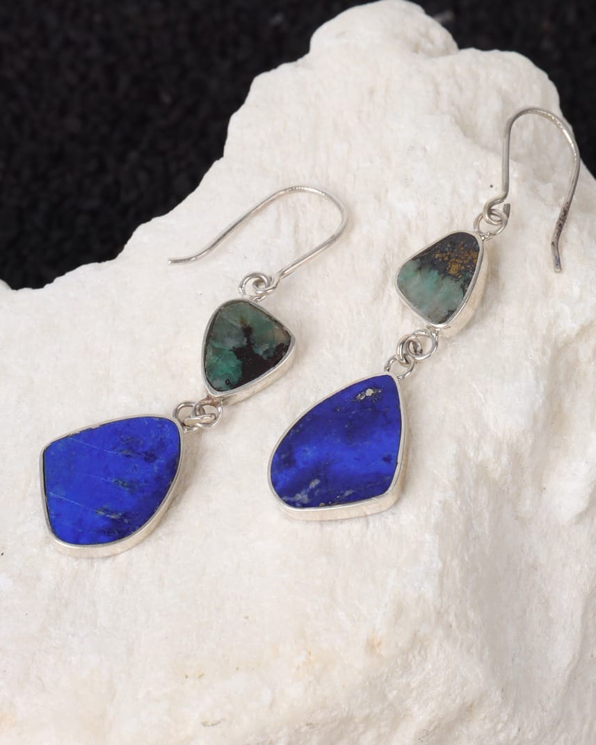Blue & Green Irregular Stone Silver Drop Earrings