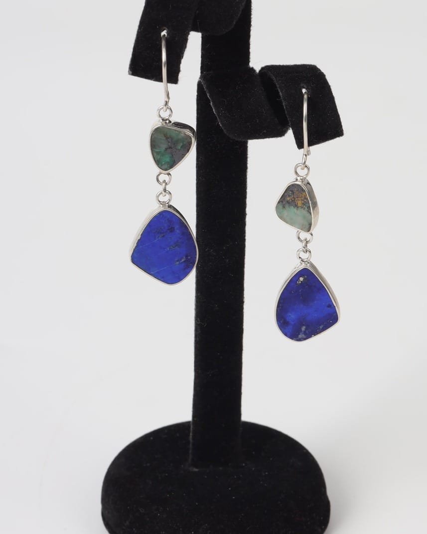 Blue & Green Irregular Stone Silver Drop Earrings