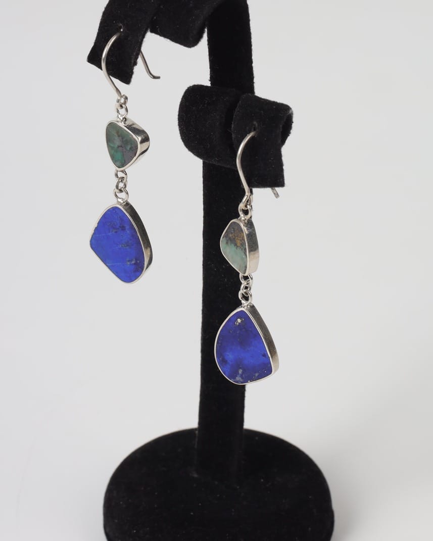 Blue & Green Irregular Stone Silver Drop Earrings