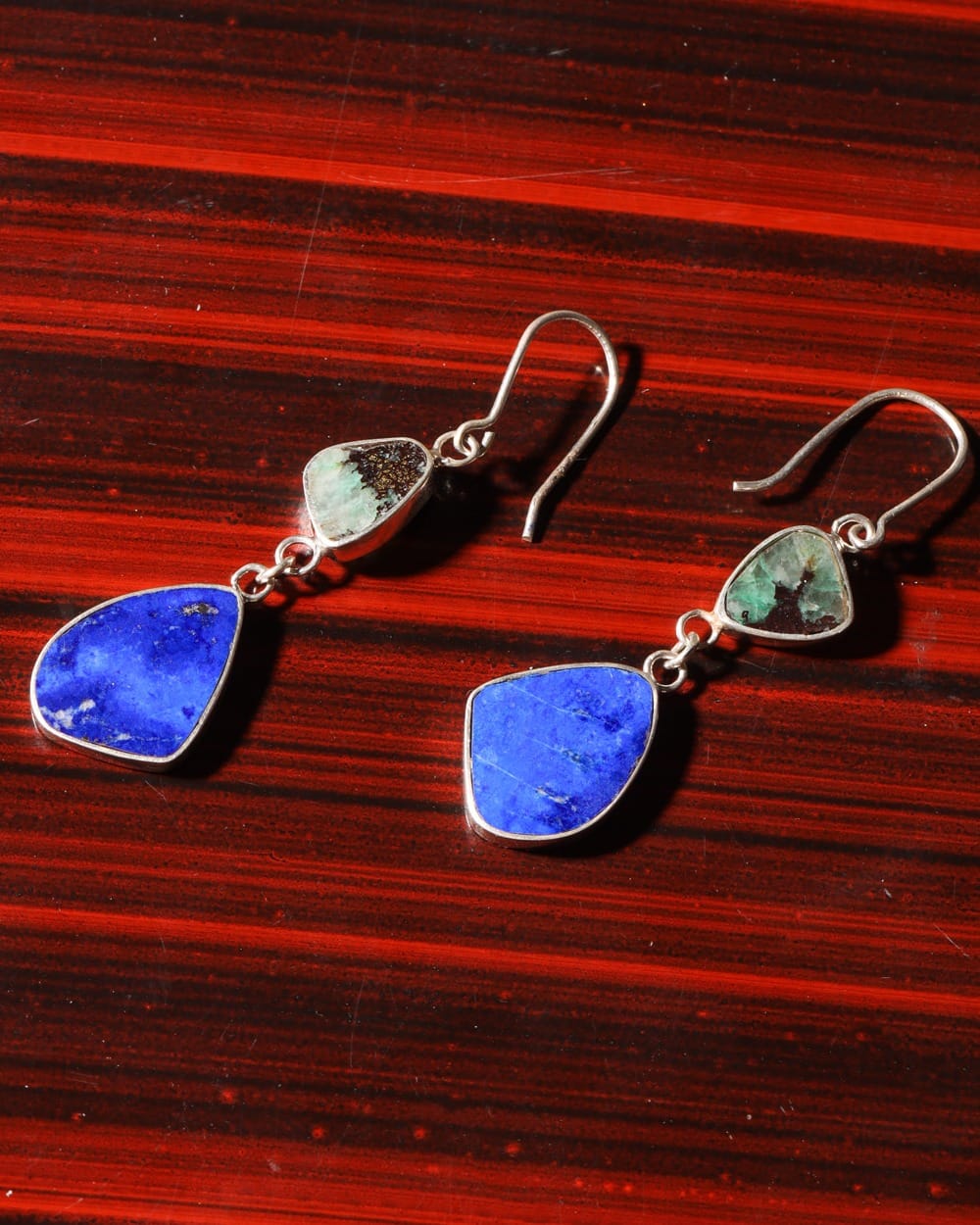 Blue & Green Irregular Stone Silver Drop Earrings