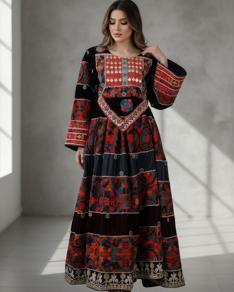Hand Embroidered Velvet & Silk Dress
