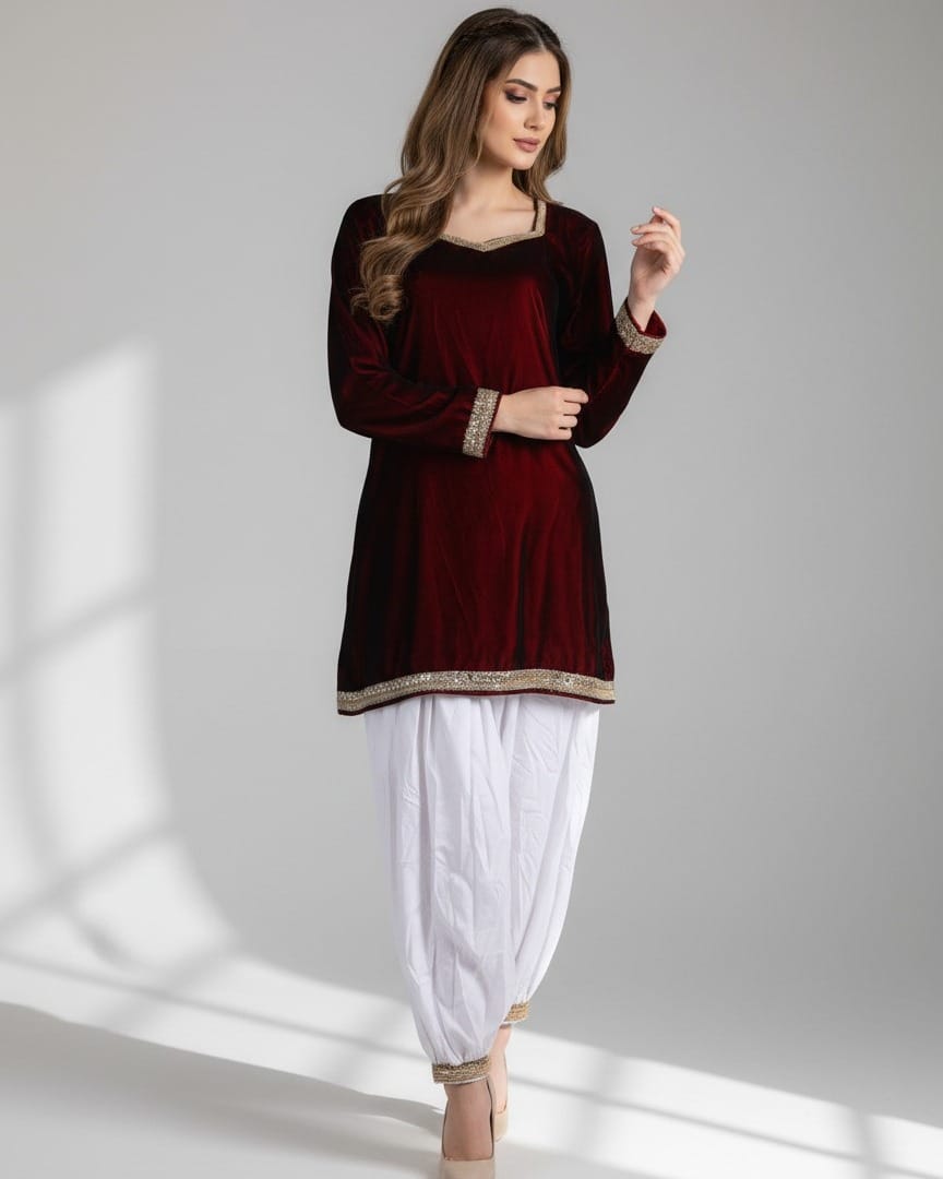 Afghan Punjabi Set in Silk Velvet Fabric