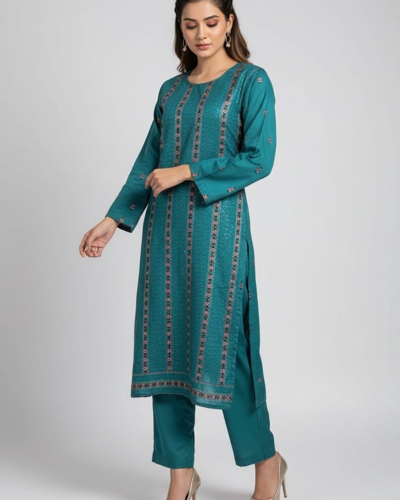 Turquoise Merina Afghan Punjabi Dress Set with Chadar