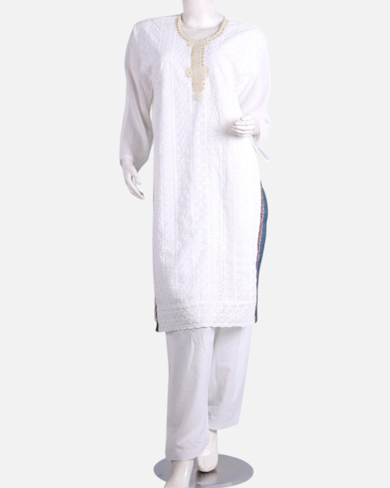 White Cotton Afghan Punjabi Suit with Navy Patterned Chadar