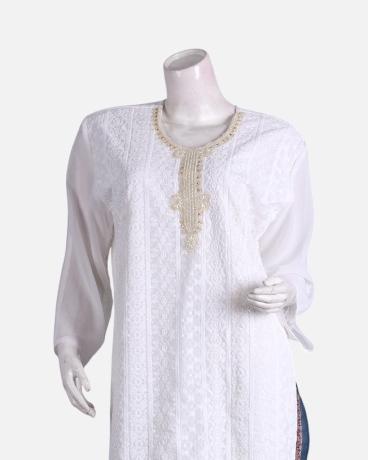 White Cotton Afghan Punjabi Suit with Navy Patterned Chadar