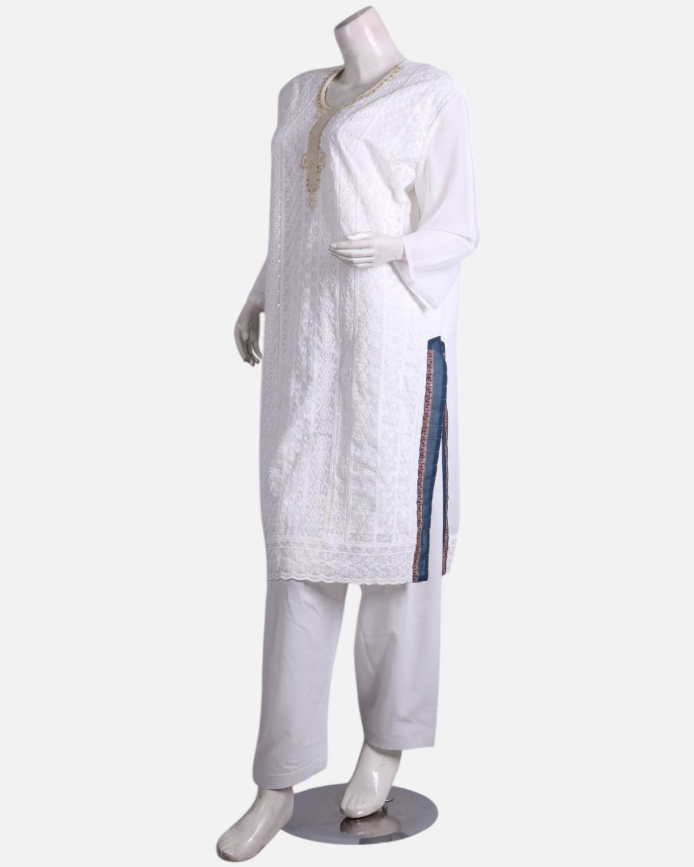 White Cotton Afghan Punjabi Suit with Navy Patterned Chadar