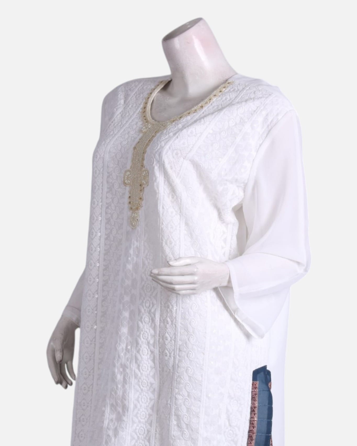 White Cotton Afghan Punjabi Suit with Navy Patterned Chadar